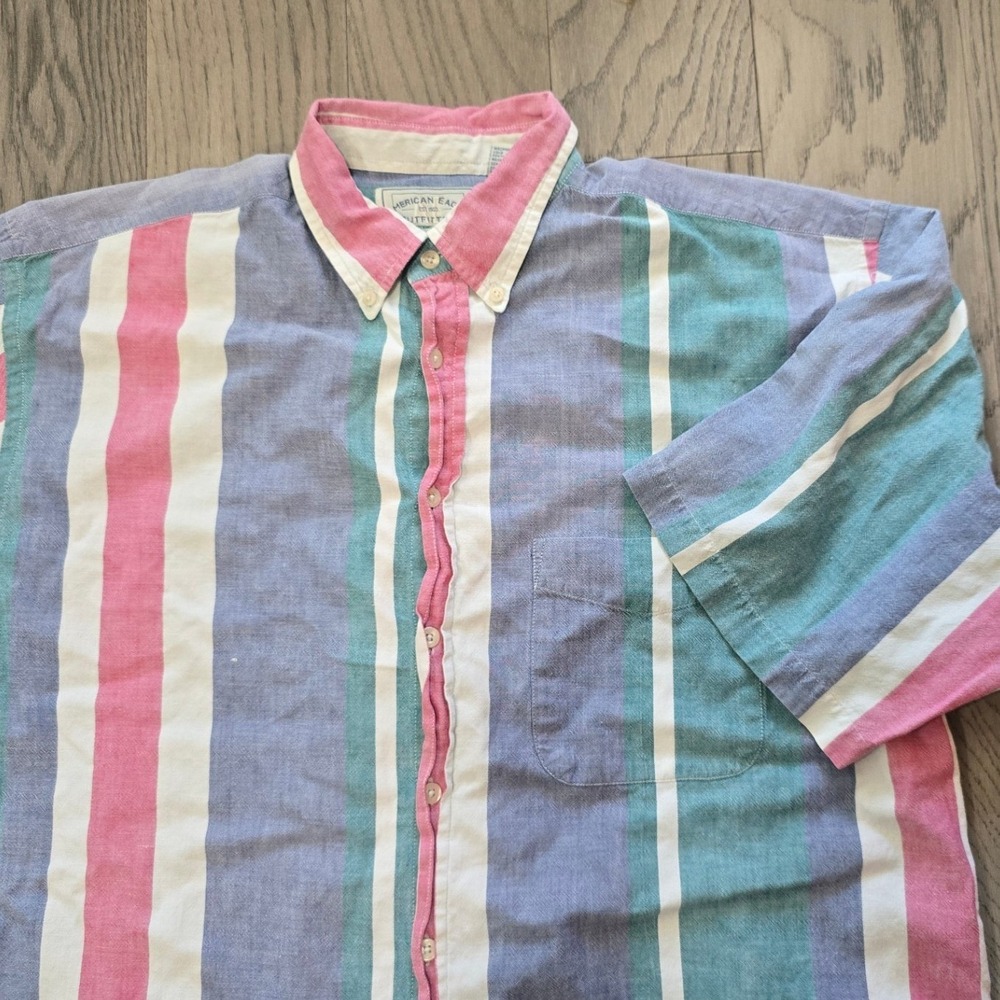 Vtg American Eagle Men's Large Striped Short Sleeve Tri Color Button Down Shirt